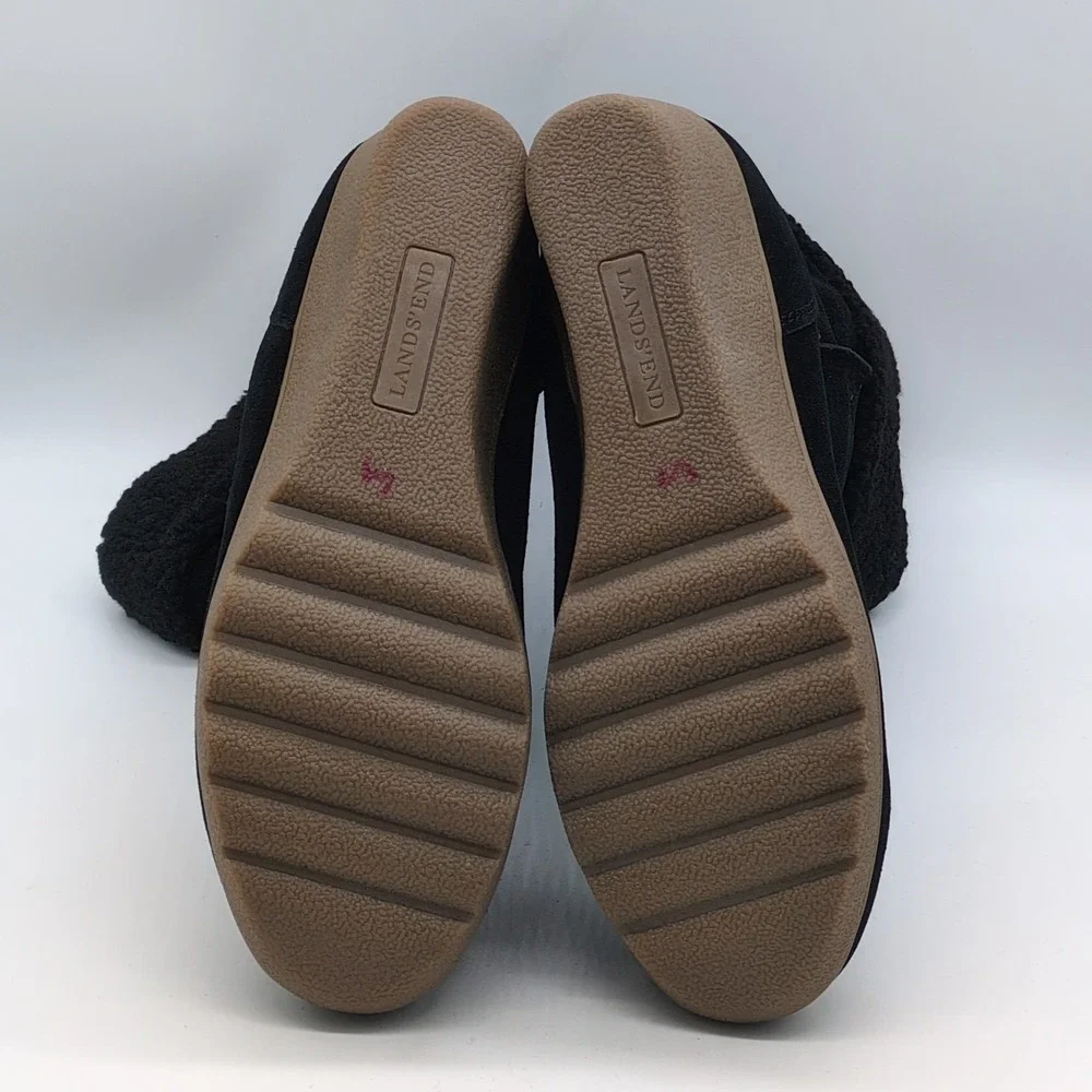 Lands End Shoes Womens Black 9.5 Suede Winter Boots Faux Fur Lined Wedge Pull On